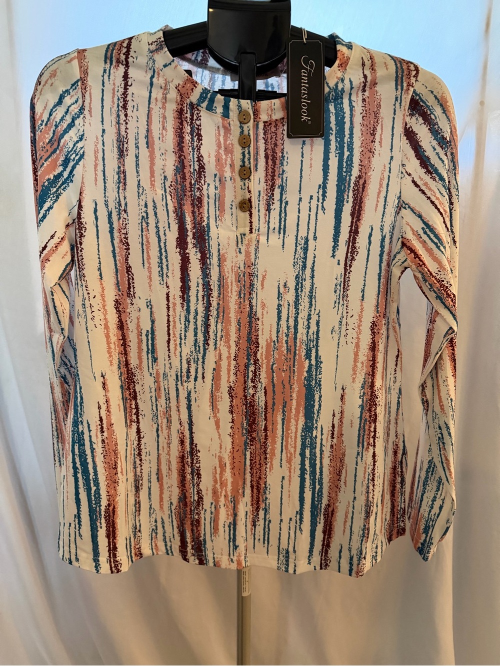 Fantaslook Women's Cream Brushstroke Stripe Long Sleeve Henley
